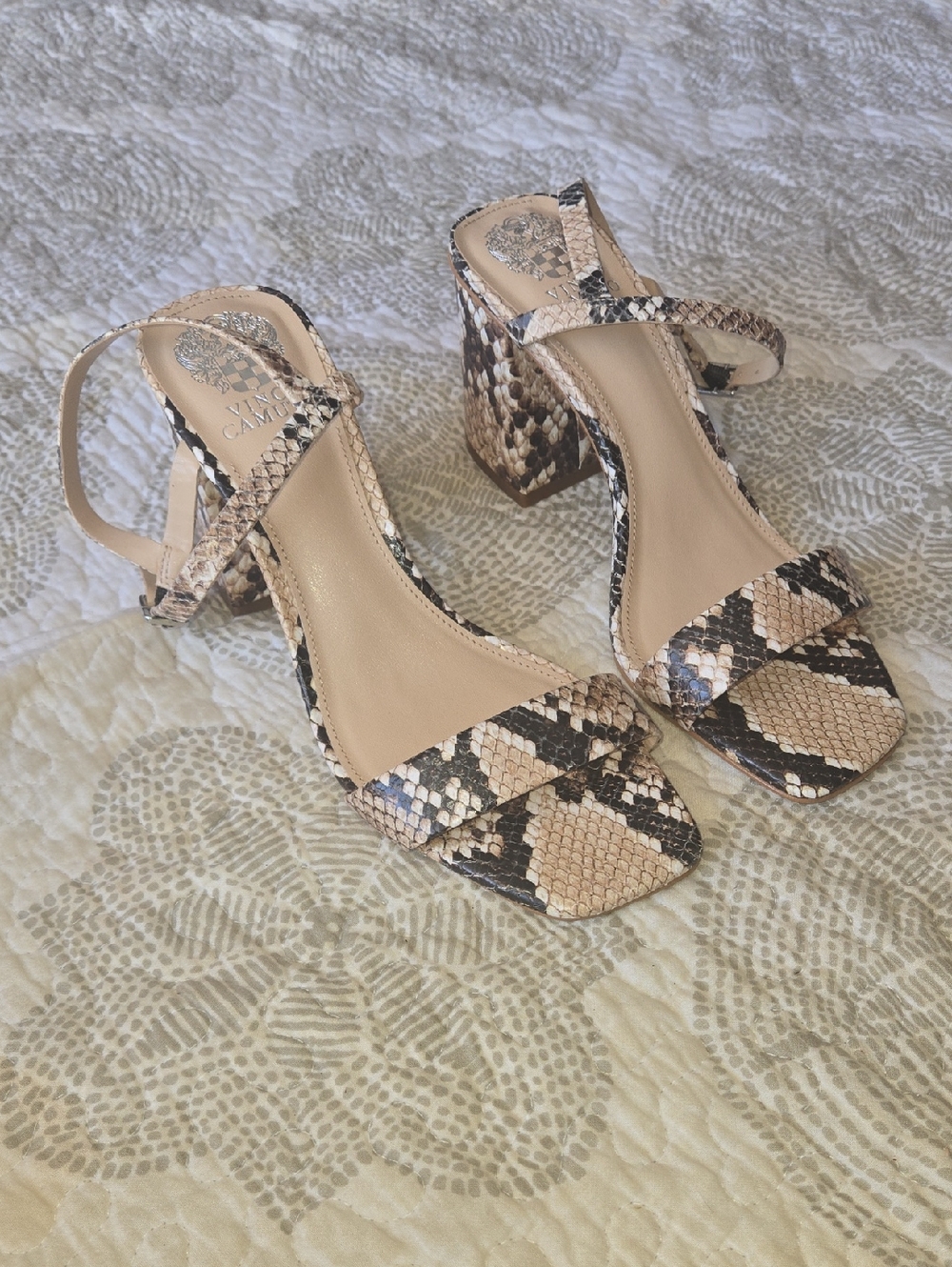 Vince Camuto Snake-Print Block Heel Sandals in Beige and Black